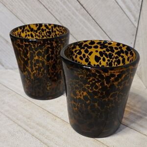 Set Of 2 Heavy Glass Amber And Black Patterned Candle Holders